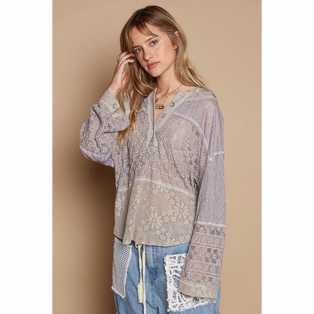POL Charcoal Relaxed Fit Lace Mix Button Down Hoodie
